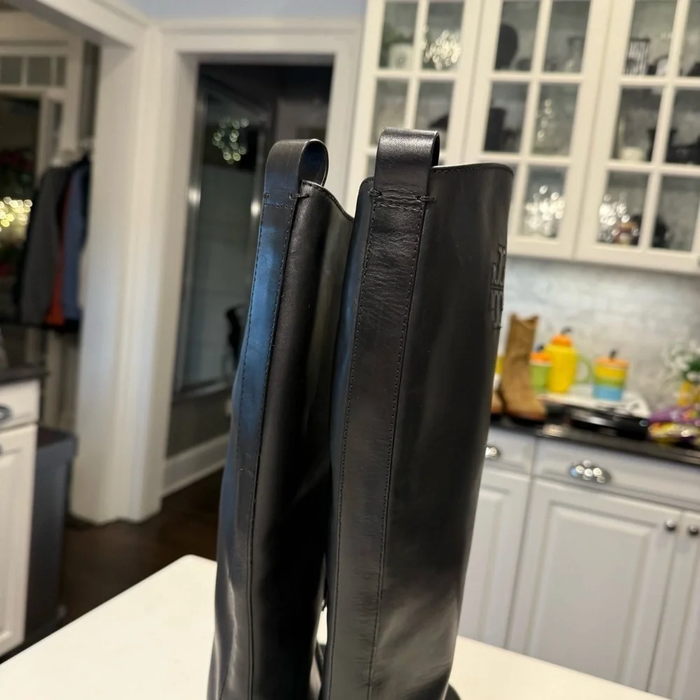 Tory Burch Women’s The Riding Boot Size 8 Black Leather Embossed Logo NEW